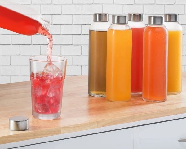 Sagler glass bottles 6 Pack 16oz - glass drinking bottles for Beverage and Juice - water bottle glass with stainless Steel Caps with Carrying Loop - Leak-Proof Lid