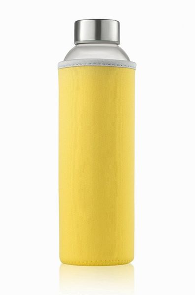 glass bottles 6 Pack 18oz - Includes 6 Sleeves (COLORS MAY VARY) - glass drinking bottles for Beverage and Juice - water bottle glass with stainless Steel Caps with - Leak-Proof Lid