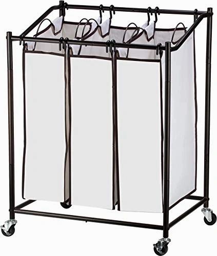Sagler Hamper with Wheels Rolling Cart Heavy Duty Triple Laundry Organizer/Sorter, Chrome/White