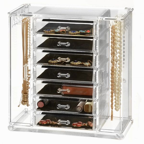 Clear Acrylic Jewelry Organizer and Makeup Organizer Cosmetic Organizer and Large 7 Drawer Jewelry Chest or Makeup Storage Ideas Case Lipstick Liner Brush Holder Make up Boxes