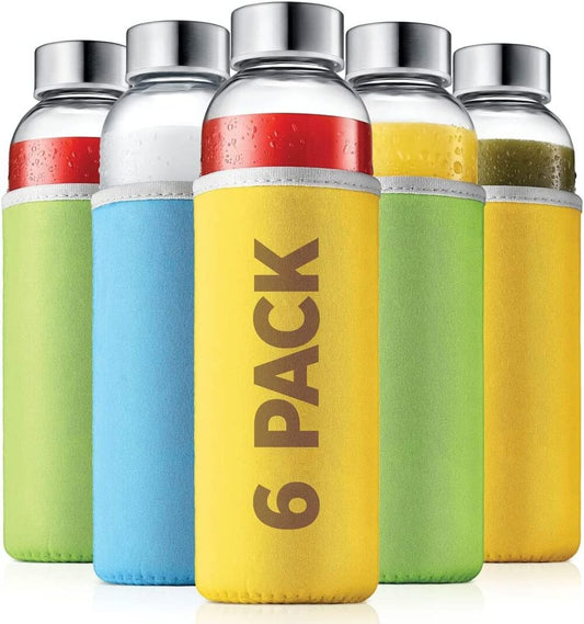 glass bottles 6 Pack 18oz - Includes 6 Sleeves (COLORS MAY VARY) - glass drinking bottles for Beverage and Juice - water bottle glass with stainless Steel Caps with - Leak-Proof Lid