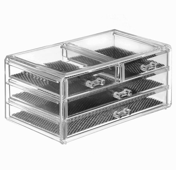 Sagler Clear acrylic Jewelry organizer and makeup organizer cosmetic organizer and Large 3 Drawer Jewelry Chest or makeup storage ideas Case Lipstick Liner Brush Holder make up boxes