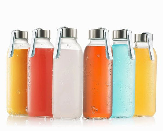 Sagler glass bottles 6 Pack 16oz - glass drinking bottles for Beverage and Juice - water bottle glass with stainless Steel Caps with Carrying Loop - Leak-Proof Lid