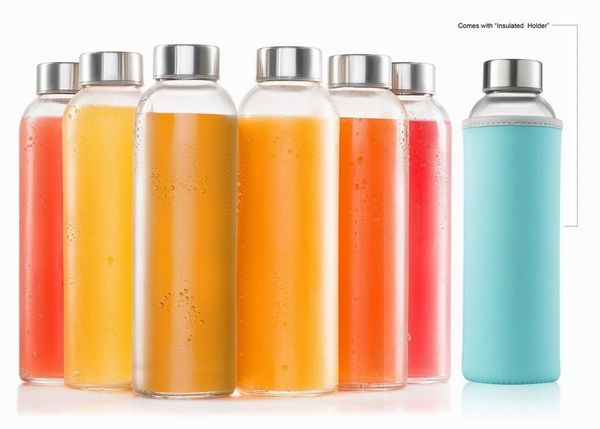 glass bottles 6 Pack 18oz - Includes 6 Sleeves (COLORS MAY VARY) - glass drinking bottles for Beverage and Juice - water bottle glass with stainless Steel Caps with - Leak-Proof Lid