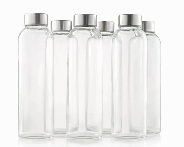 glass bottles 6 Pack 18oz - Includes 6 Sleeves (COLORS MAY VARY) - glass drinking bottles for Beverage and Juice - water bottle glass with stainless Steel Caps with - Leak-Proof Lid