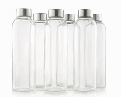 glass bottles 6 Pack 18oz - Includes 6 Sleeves (COLORS MAY VARY) - glass drinking bottles for Beverage and Juice - water bottle glass with stainless Steel Caps with - Leak-Proof Lid