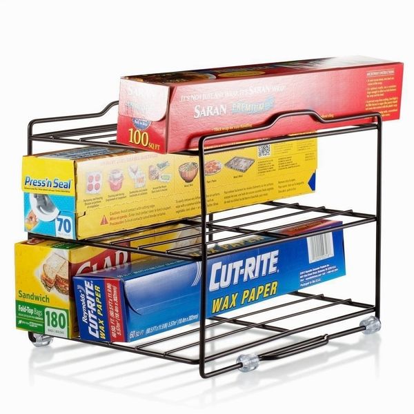 Kitchen Wrap Organizer Rack - cabinet organizer for food Wrap and Foil - pantry organization for parchment paper and plastic food bags