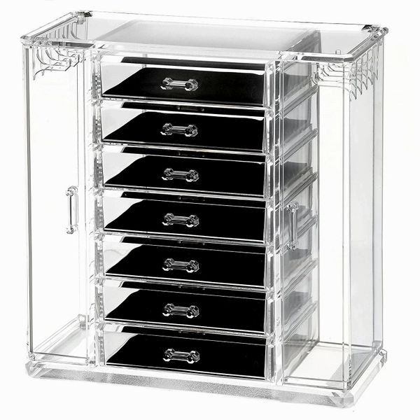 Clear Acrylic Jewelry Organizer and Makeup Organizer Cosmetic Organizer and Large 7 Drawer Jewelry Chest or Makeup Storage Ideas Case Lipstick Liner Brush Holder Make up Boxes